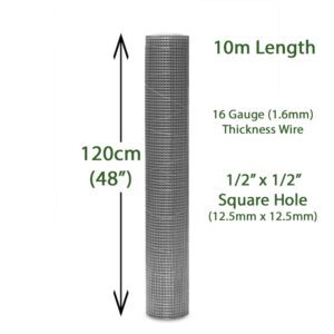 16 Gauge - 10m (120cm Wide) - 1/2" x 1/2" Hole Galvanised Welded Wire Mesh - Image 3