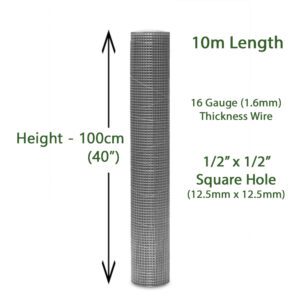 16 Gauge - 10m (100cm Wide) - 1/2" x 1/2" Hole Galvanised Welded Wire Mesh - Image 3